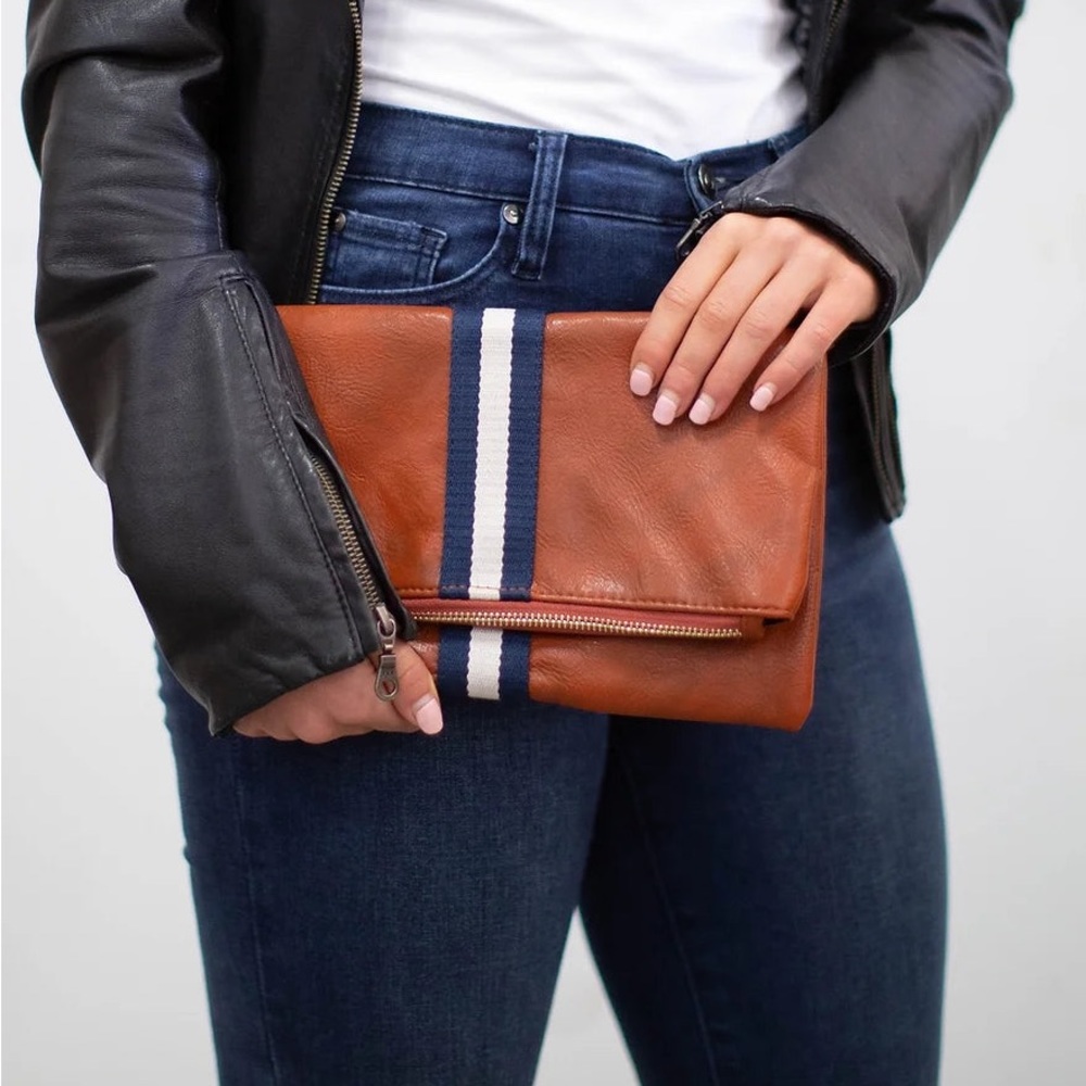Faux Leather Foldover Clutch | NWT | Navy and White Preppy Stripe